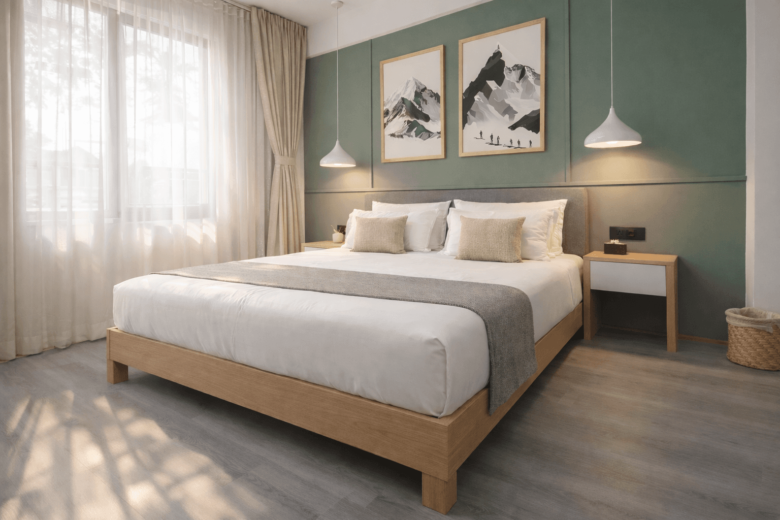 King bedroom in a Tiny Living Apartment — soft linen, calm lighting, blackout curtains